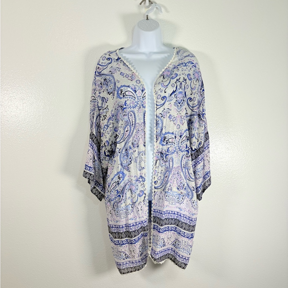 KEREN hart Blue White & Pink Paisley Wide Sleeve Boho Breezy Kimono Cardigan SzM